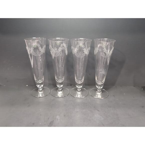 Chintz Etched Pilsner Glasses Set of 4, 10 oz Footed Glasses, Glassware, Flaw - Picture 5 of 11